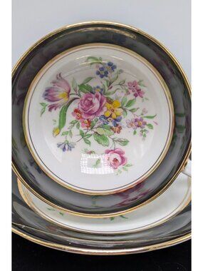 Windsor Bone China Floral Black Teacup Saucer Set England Vintage